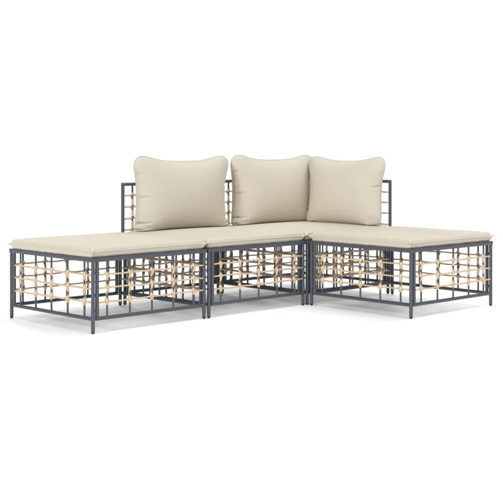 4-delige Loungeset met kussens poly rattan antracietkleurig – afbeelding 2