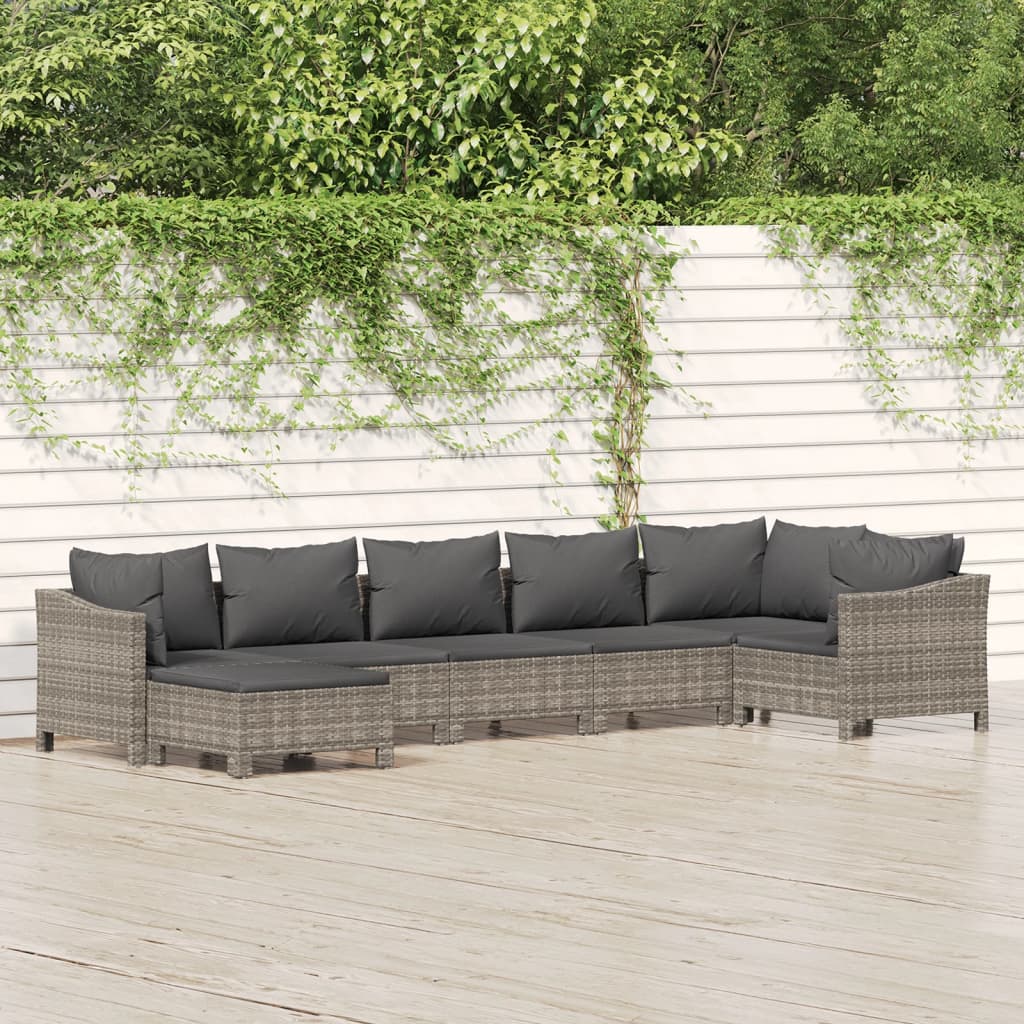 7-delige Loungeset met kussens poly rattan grijs – afbeelding 1