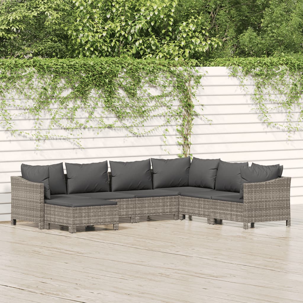 7-delige Loungeset met kussens poly rattan grijs – afbeelding 1
