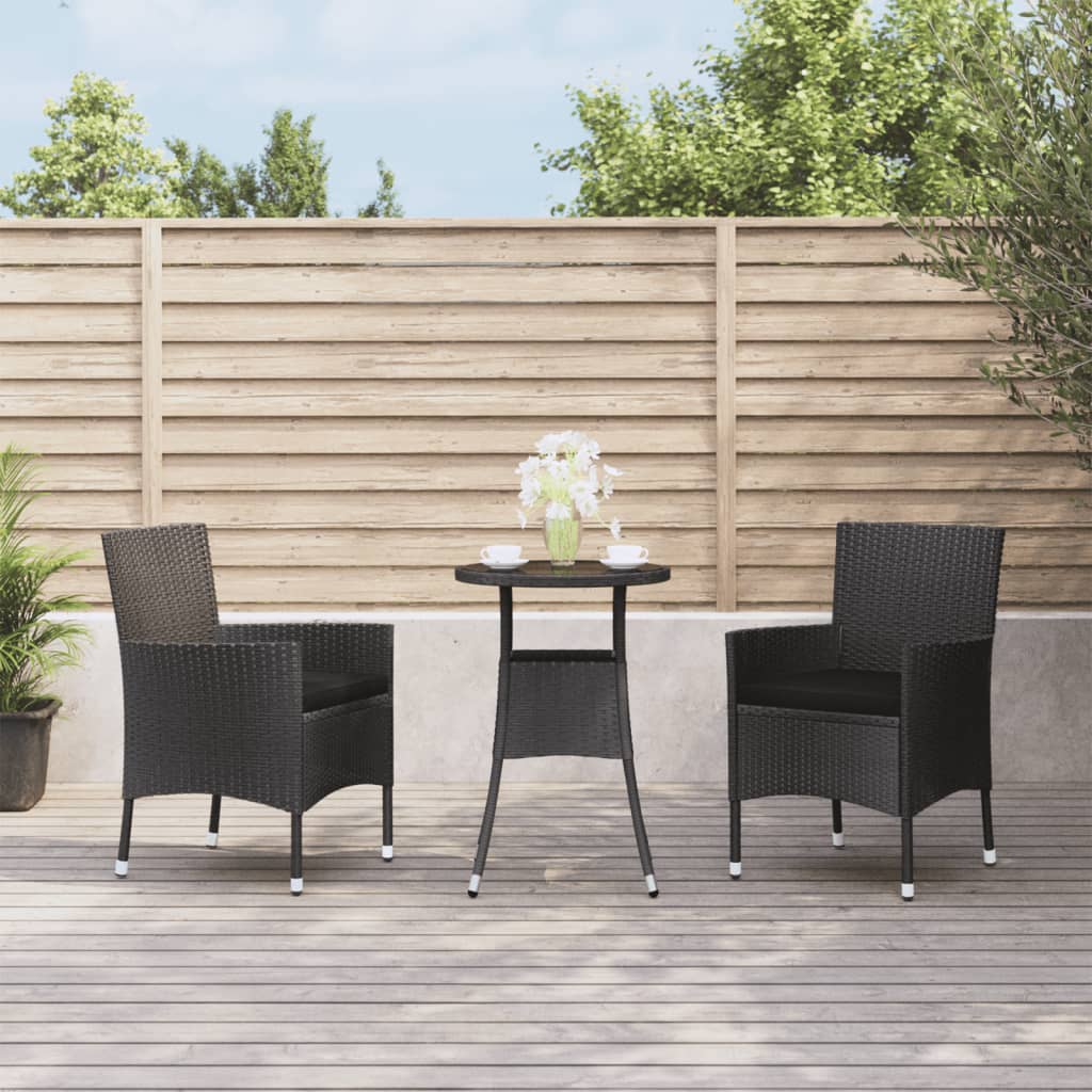3-delige Bistroset met kussens poly rattan zwart – afbeelding 1