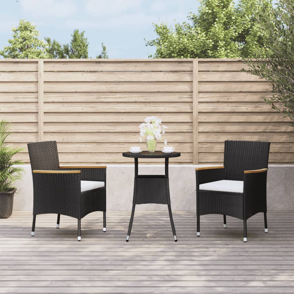 3-delige Bistroset met kussens poly rattan zwart