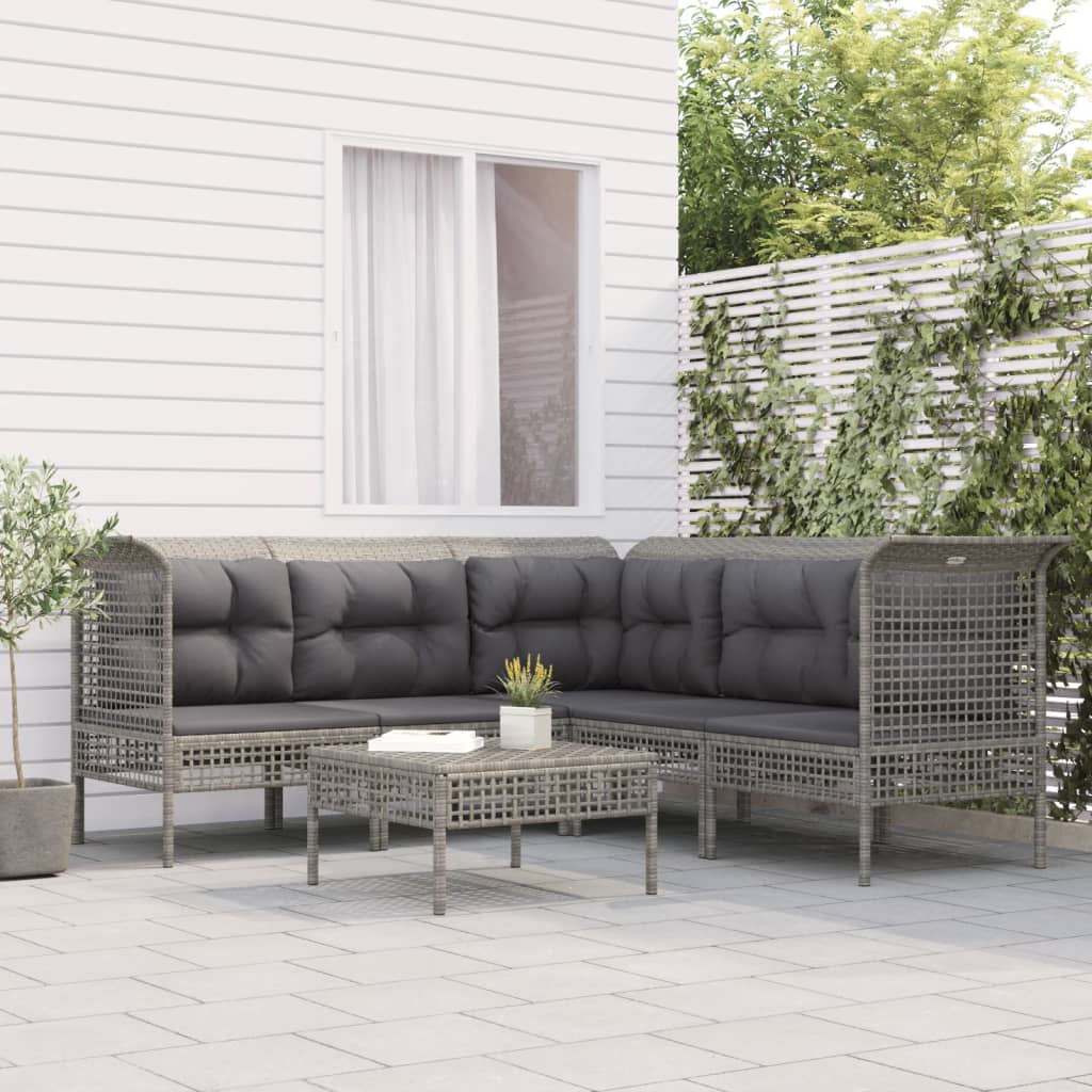 6-delige Loungeset met kussens poly rattan grijs