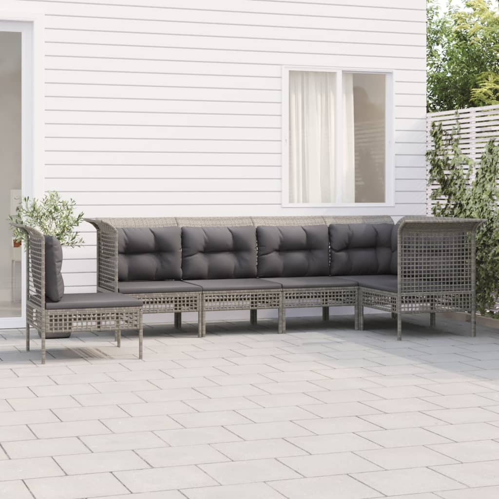 6-delige Loungeset met kussens poly rattan grijs