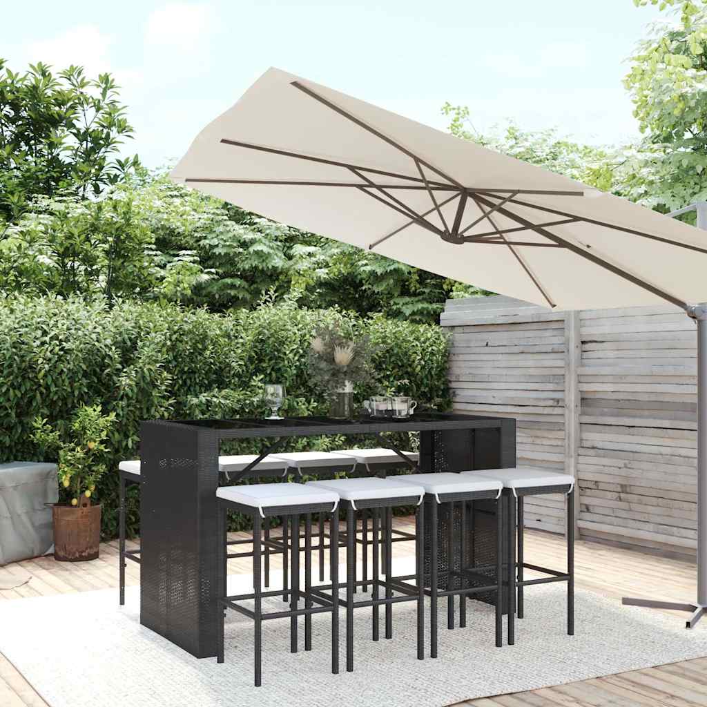 9-delige Tuinbarset met kussens poly rattan zwart – afbeelding 1