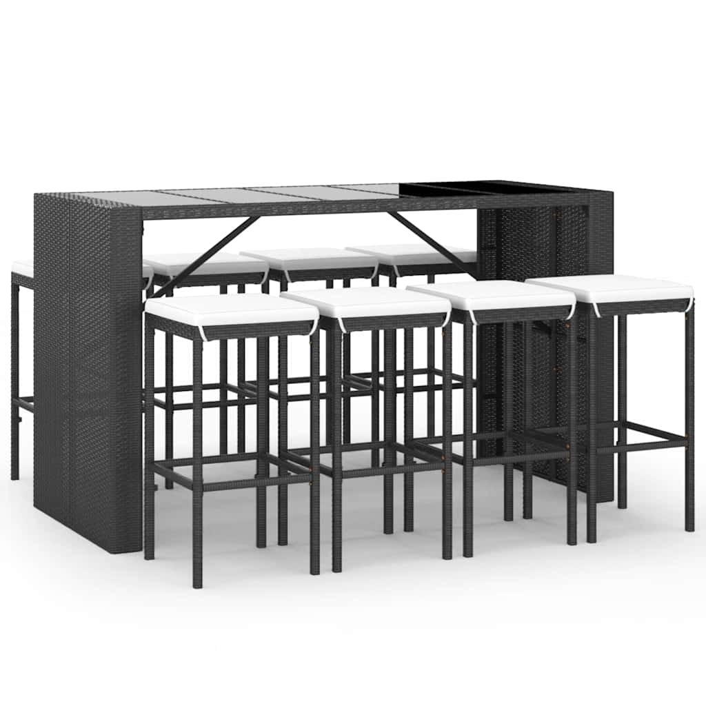 9-delige Tuinbarset met kussens poly rattan zwart – afbeelding 2