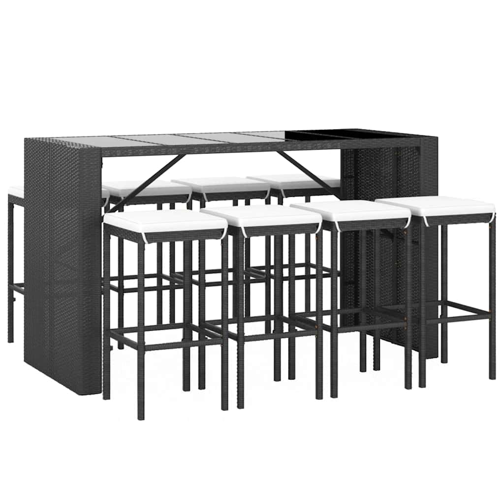 9-delige Tuinbarset met kussens poly rattan zwart – afbeelding 3