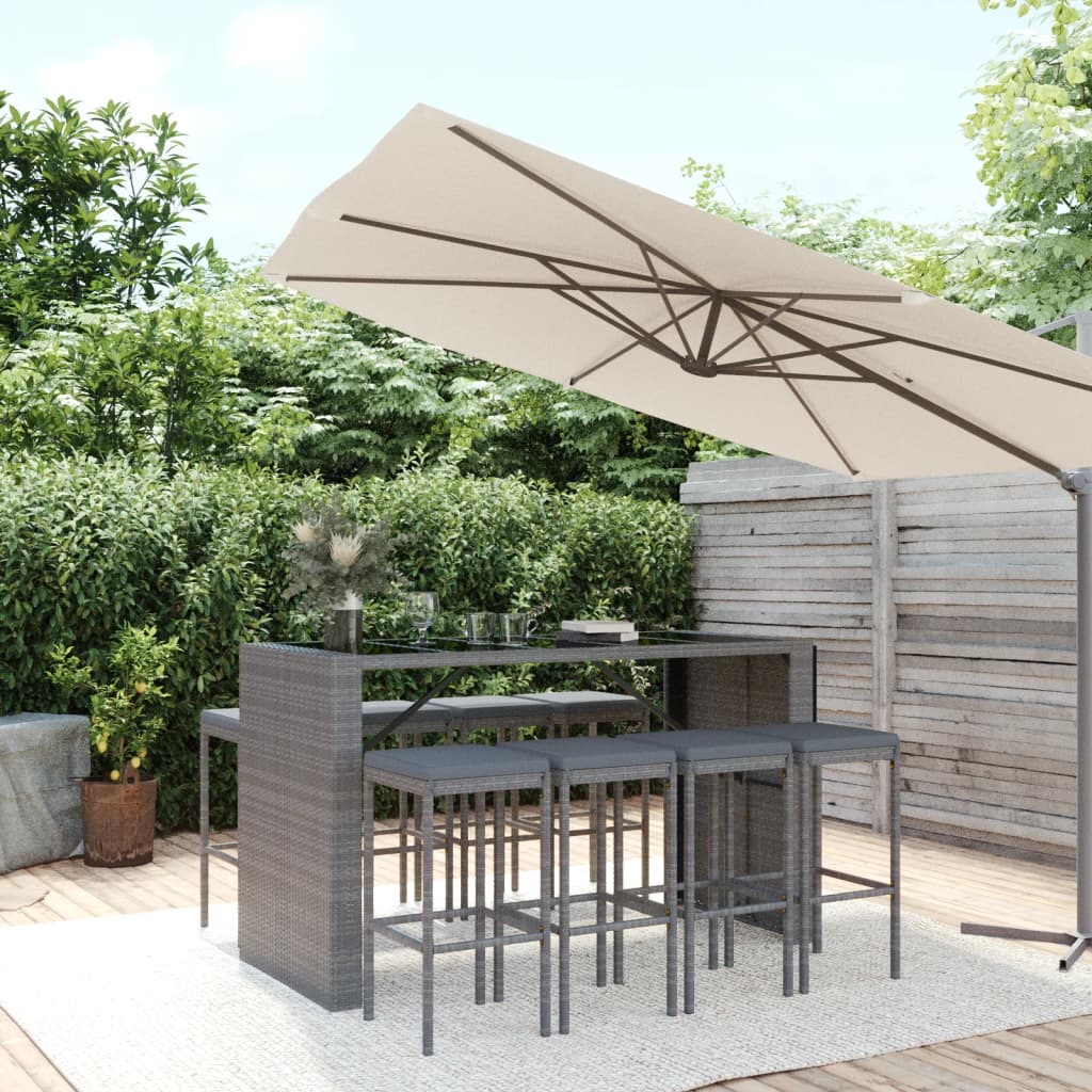 9-delige Tuinbarset met kussens poly rattan grijs – afbeelding 1