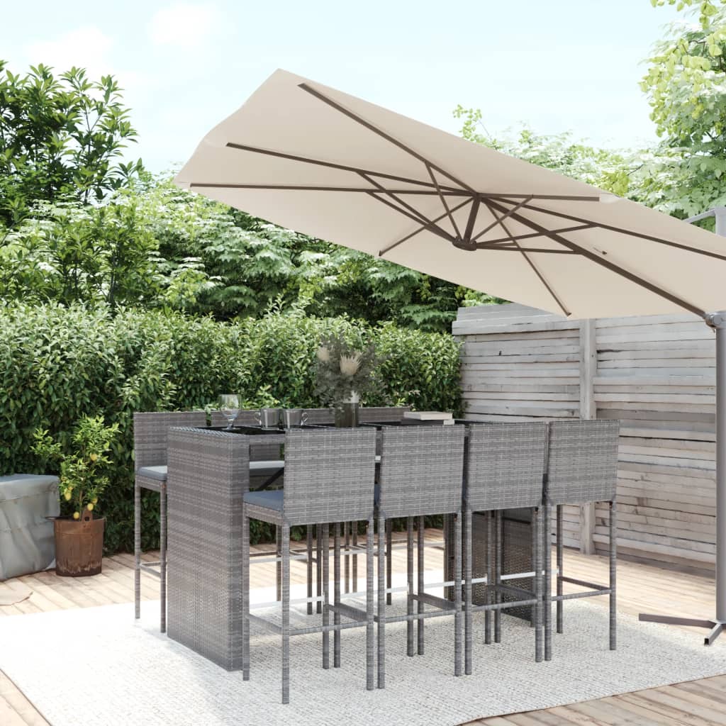 9-delige Tuinbarset met kussens poly rattan grijs – afbeelding 1