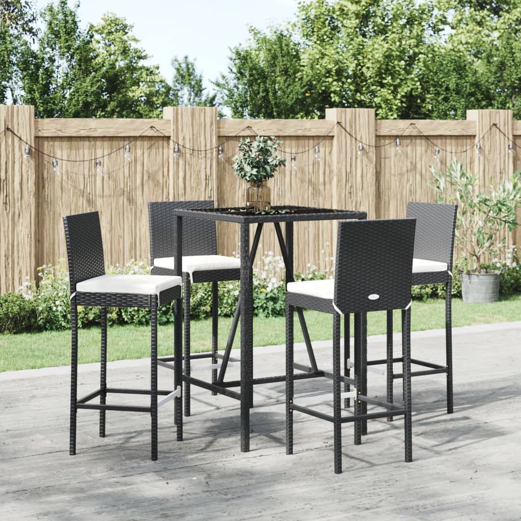 5-delige Tuinbarset met kussens poly rattan zwart