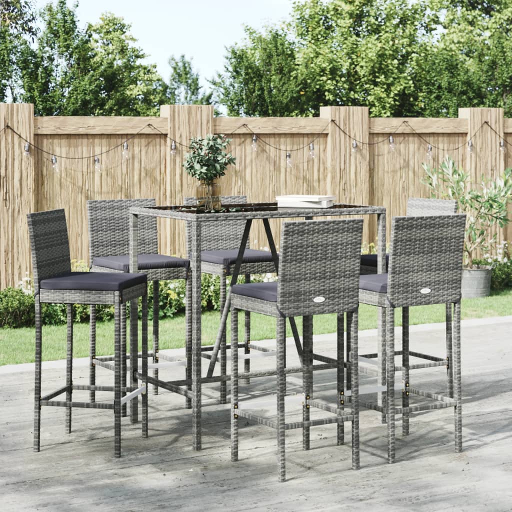 7-delige Tuinbarset met kussens poly rattan grijs – afbeelding 1