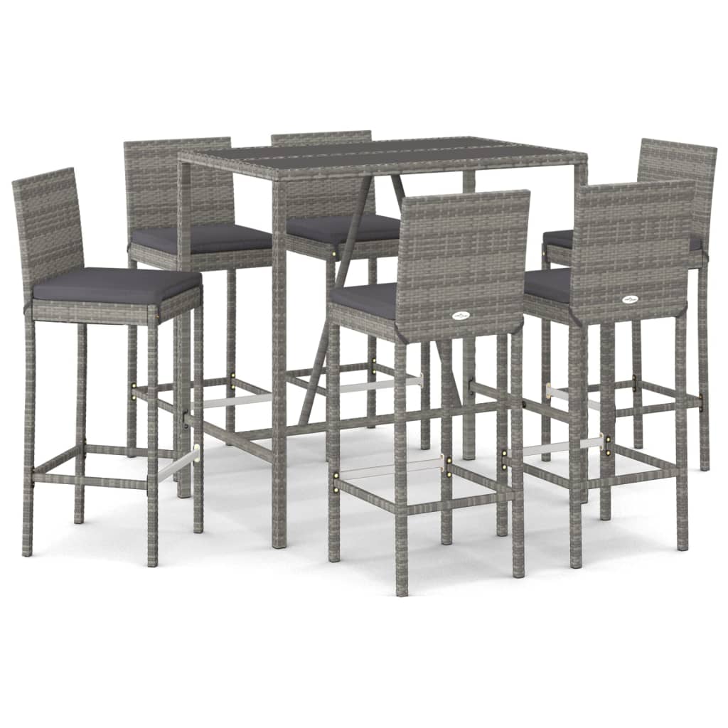 7-delige Tuinbarset met kussens poly rattan grijs – afbeelding 2