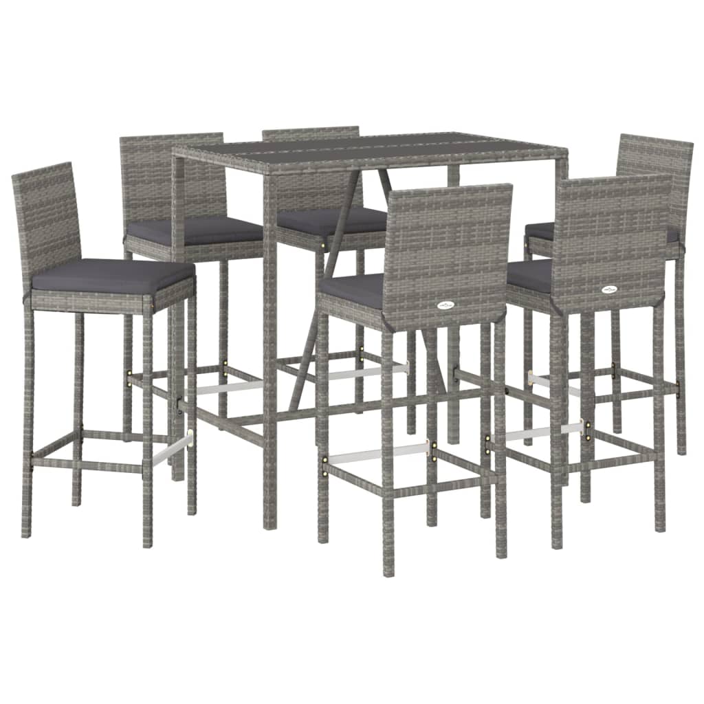 7-delige Tuinbarset met kussens poly rattan grijs – afbeelding 3