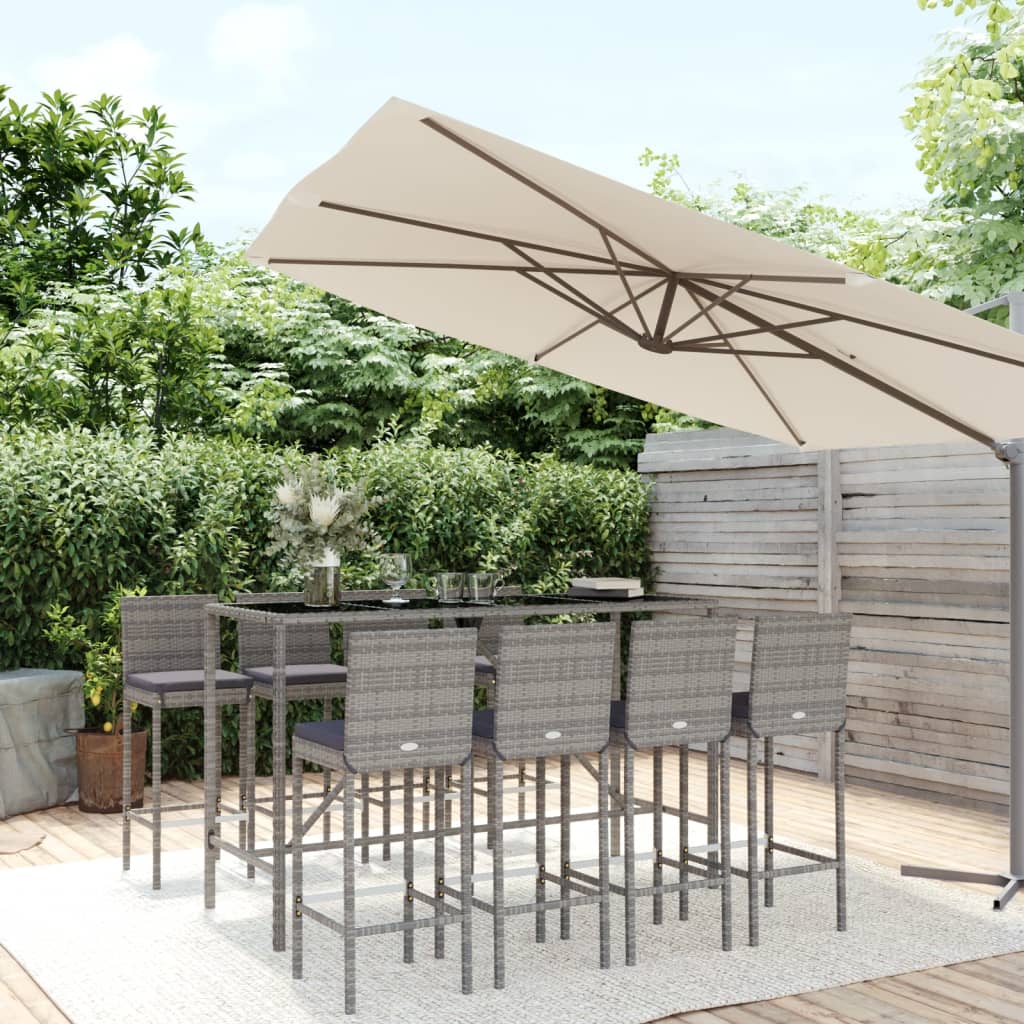 9-delige Tuinbarset met kussens poly rattan grijs – afbeelding 1