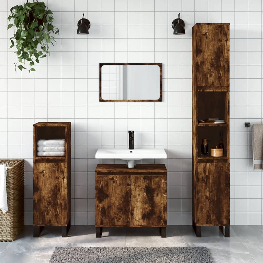 3-delige Badkamermeubelset bewerkt hout gerookt eikenkleurig – afbeelding 1