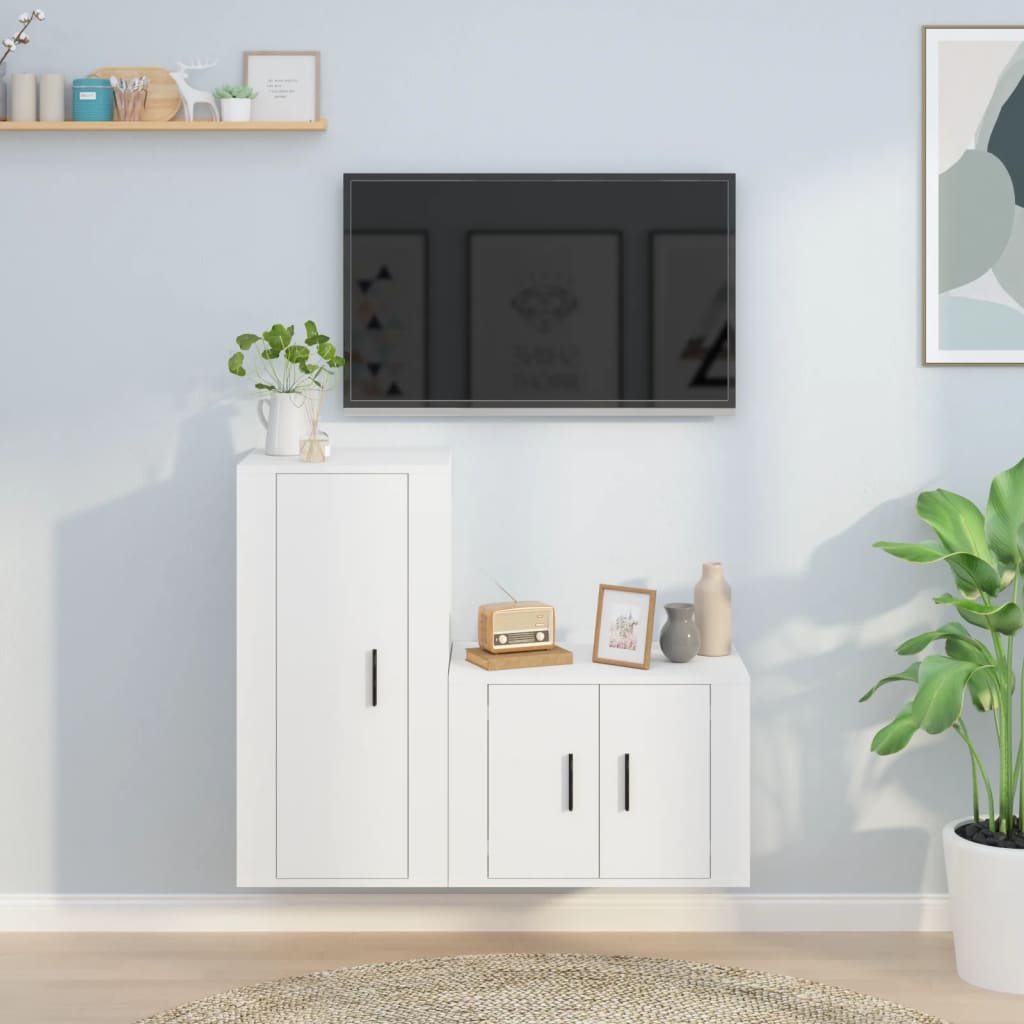 2-delige Tv-meubelset bewerkt hout wit – afbeelding 1