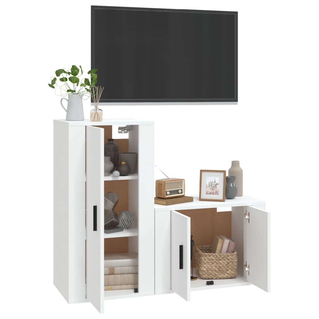 2-delige Tv-meubelset bewerkt hout wit – afbeelding 3