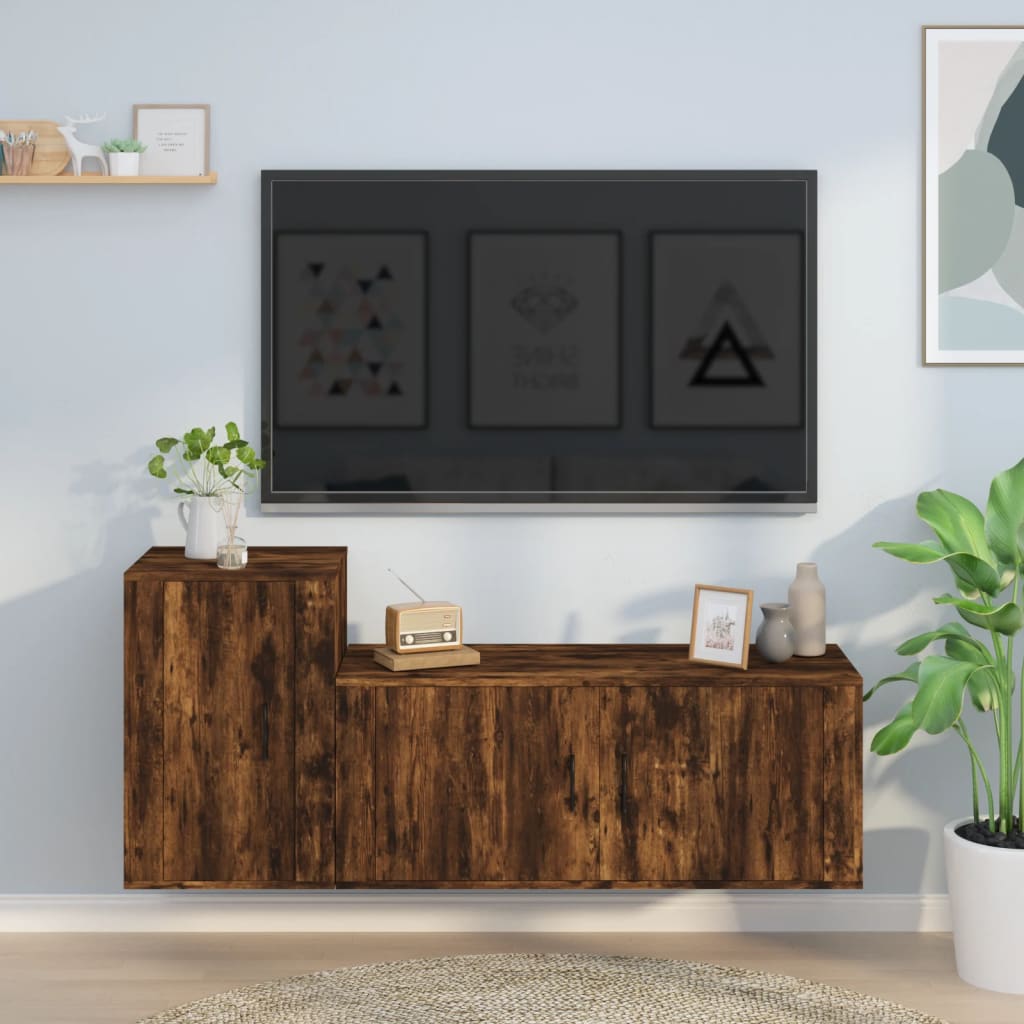 2-delige Tv-meubelset bewerkt hout gerookt eikenkleurig – afbeelding 1