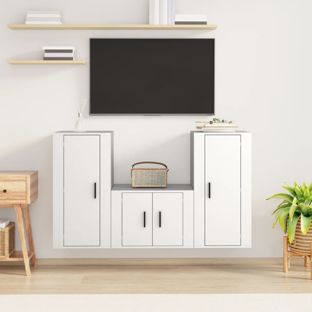 3-delige Tv-meubelset bewerkt hout wit – afbeelding 1