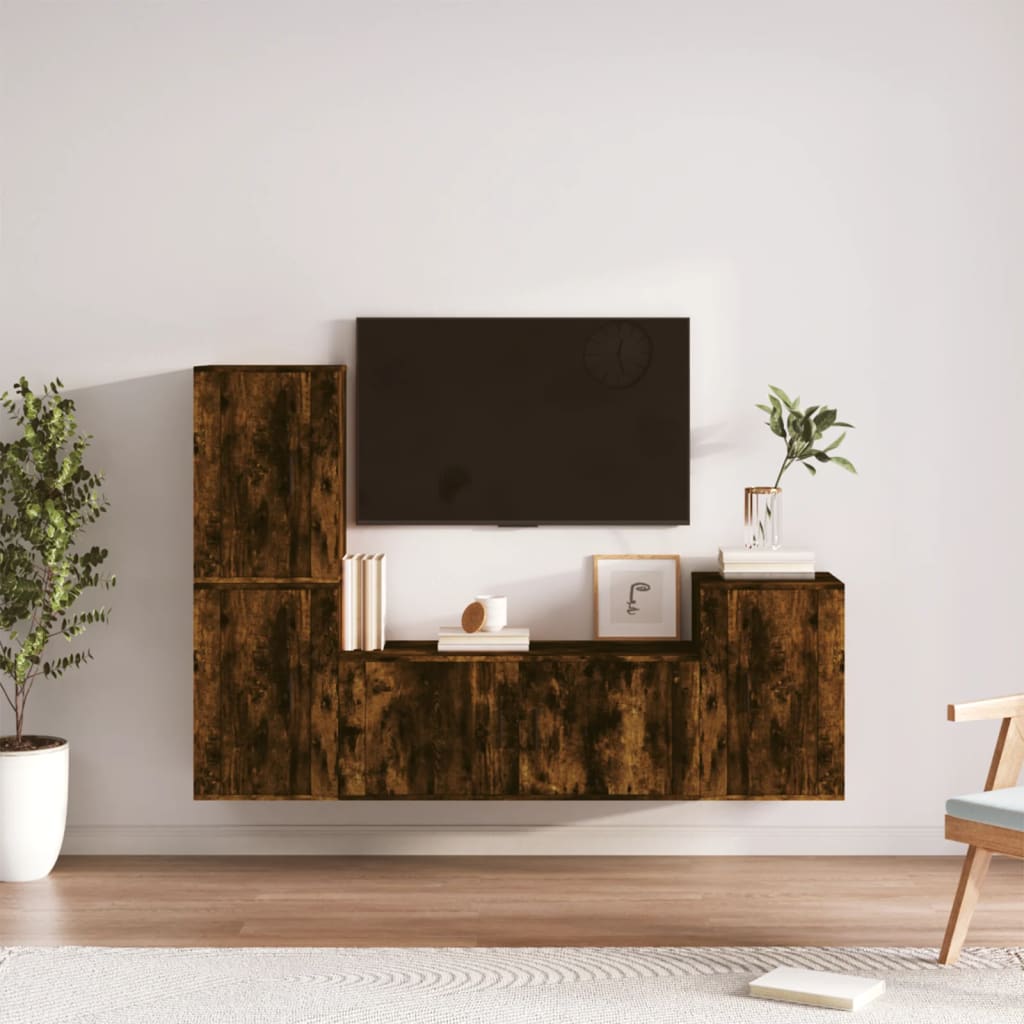 4-delige Tv-meubelset bewerkt hout gerookt eikenkleurig – afbeelding 1