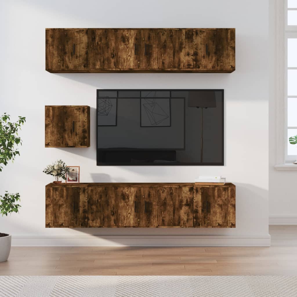 7-delige Tv-meubelset bewerkt hout gerookt eikenkleurig