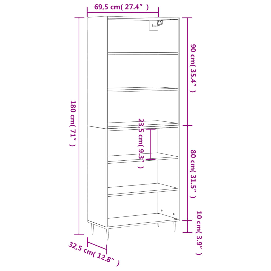 Hoge kast 69,5x32,5x180 cm bewerkt hout grijs sonoma eikenkleur – afbeelding 11