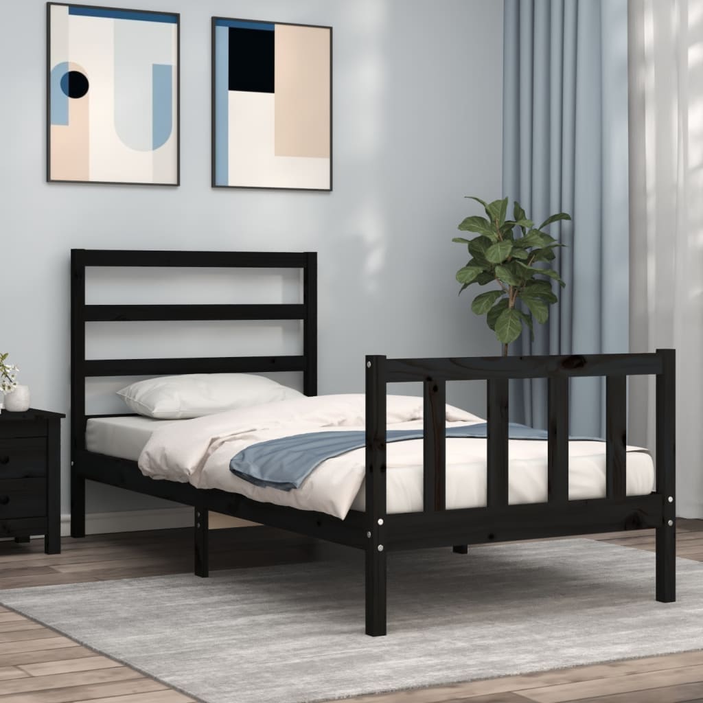 Bedframe met hoofdbord massief hout zwart – afbeelding 1