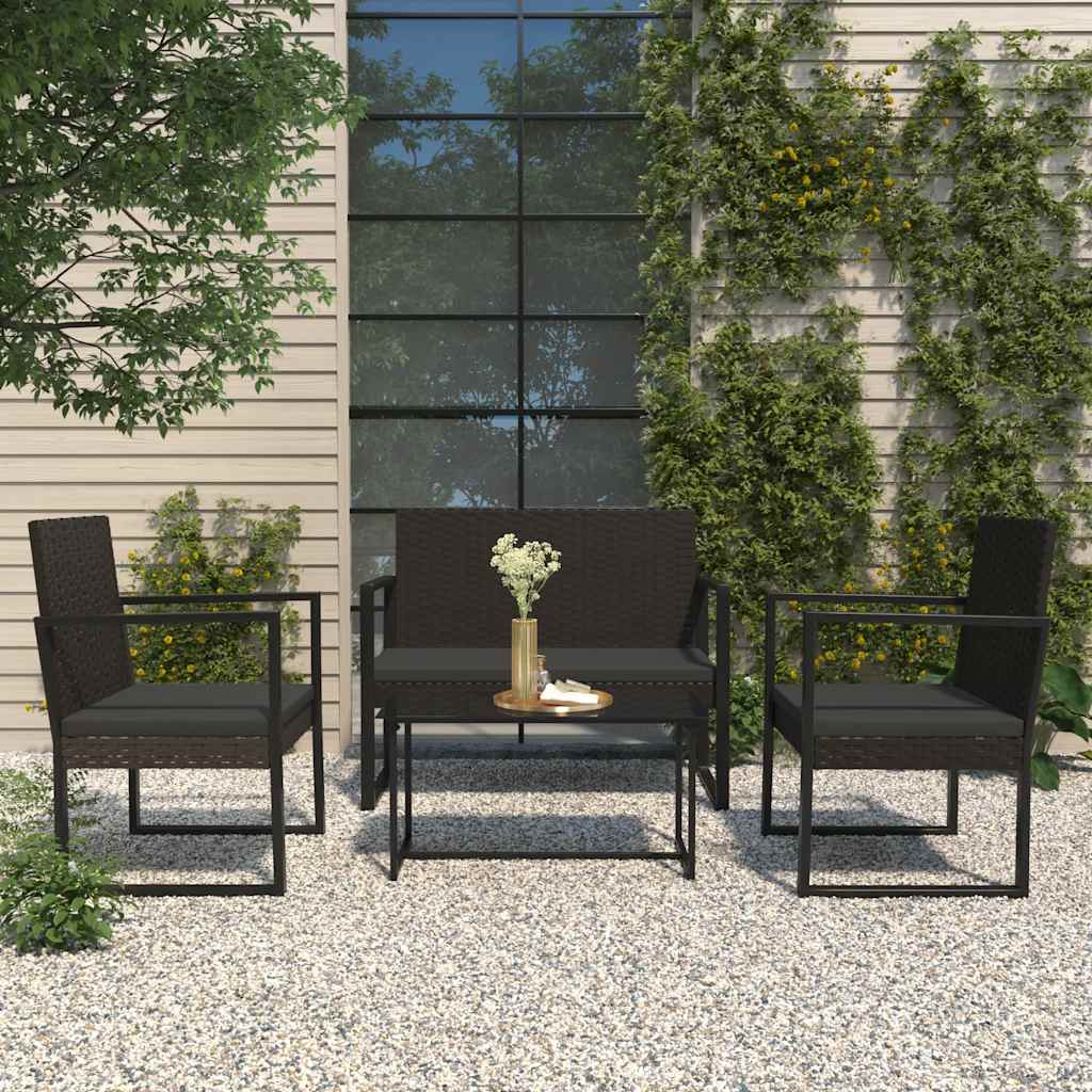 4-delige Loungeset met kussens poly rattan zwart – afbeelding 1