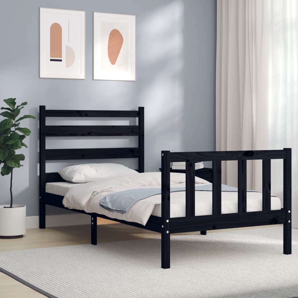 Bedframe met hoofdbord massief hout zwart – afbeelding 1