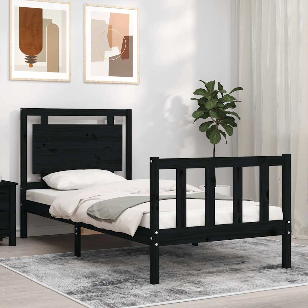 Bedframe met hoofdbord massief hout zwart – afbeelding 1