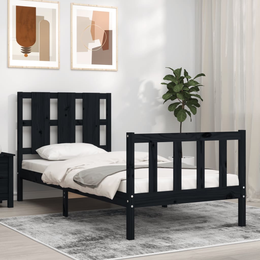 Bedframe met hoofdbord massief hout zwart – afbeelding 1