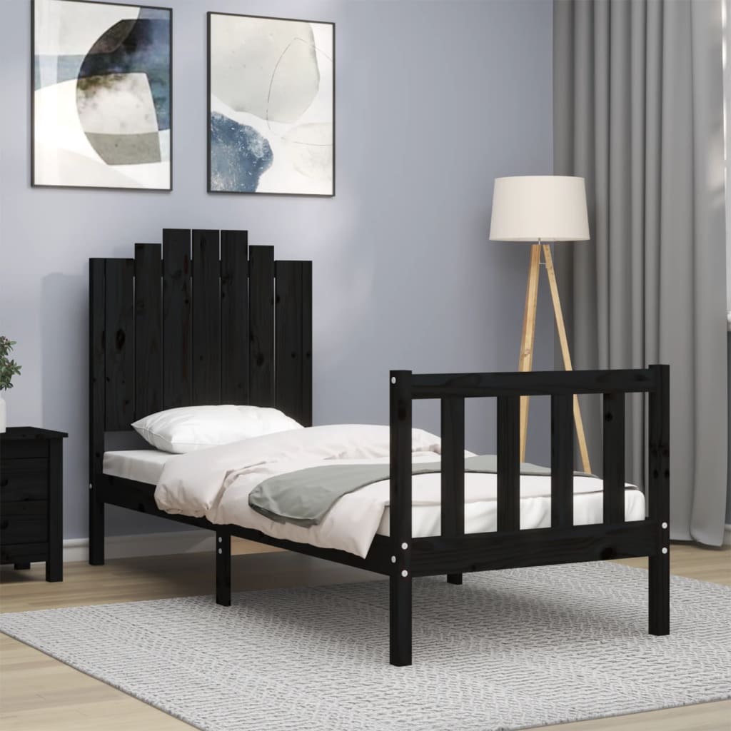 Bedframe met hoofdbord massief hout zwart – afbeelding 1