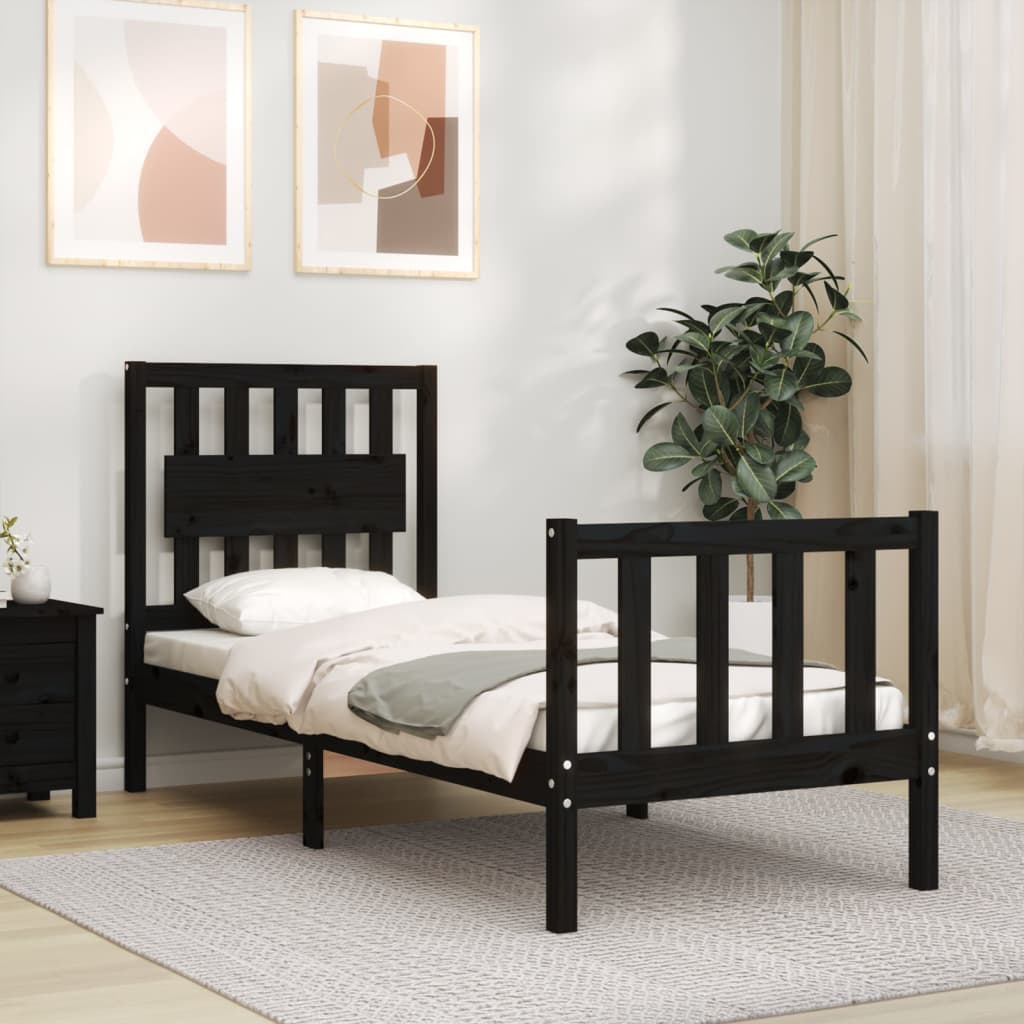 Bedframe met hoofdbord massief hout zwart – afbeelding 1