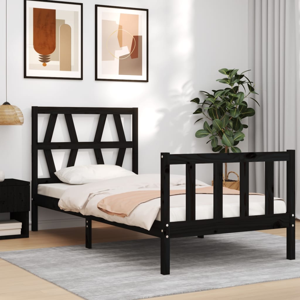 Bedframe met hoofdbord massief hout zwart – afbeelding 1