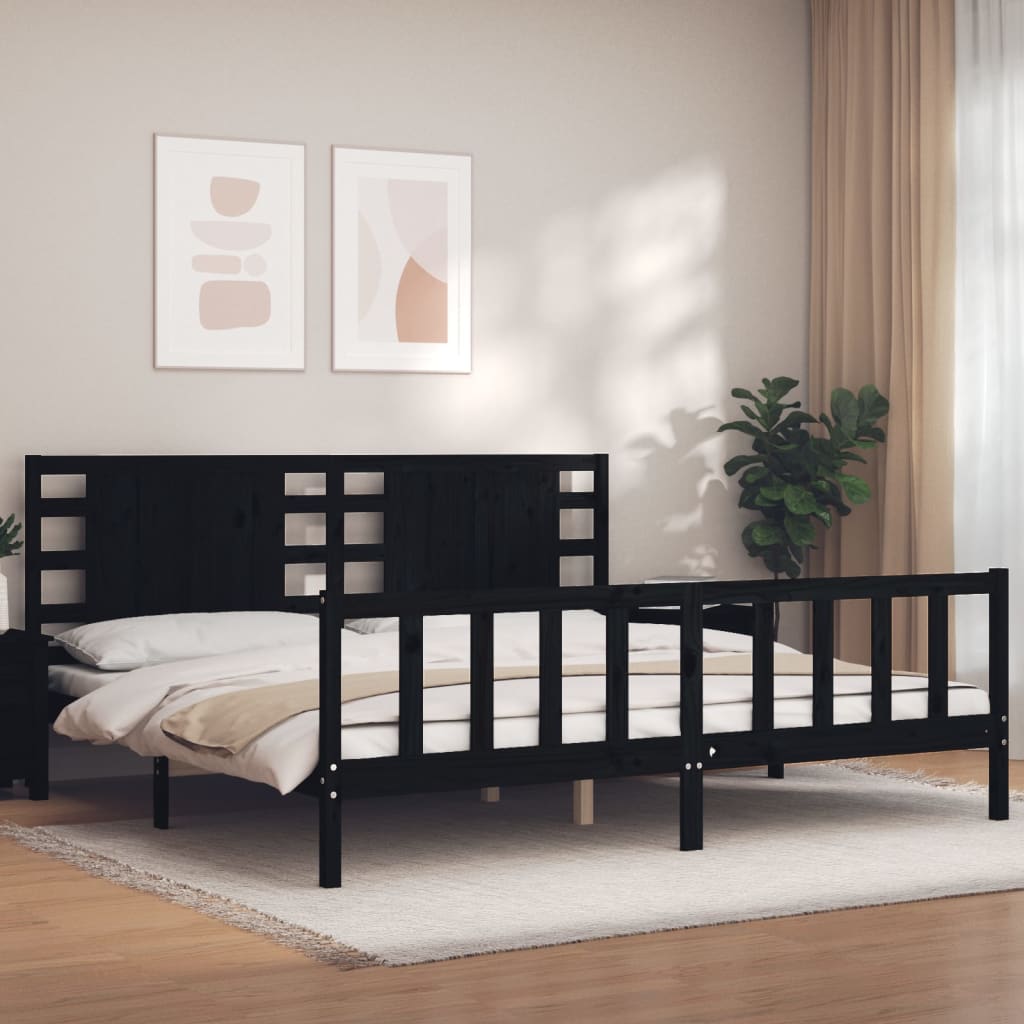 Bedframe met hoofdbord massief hout zwart 200x200 cm