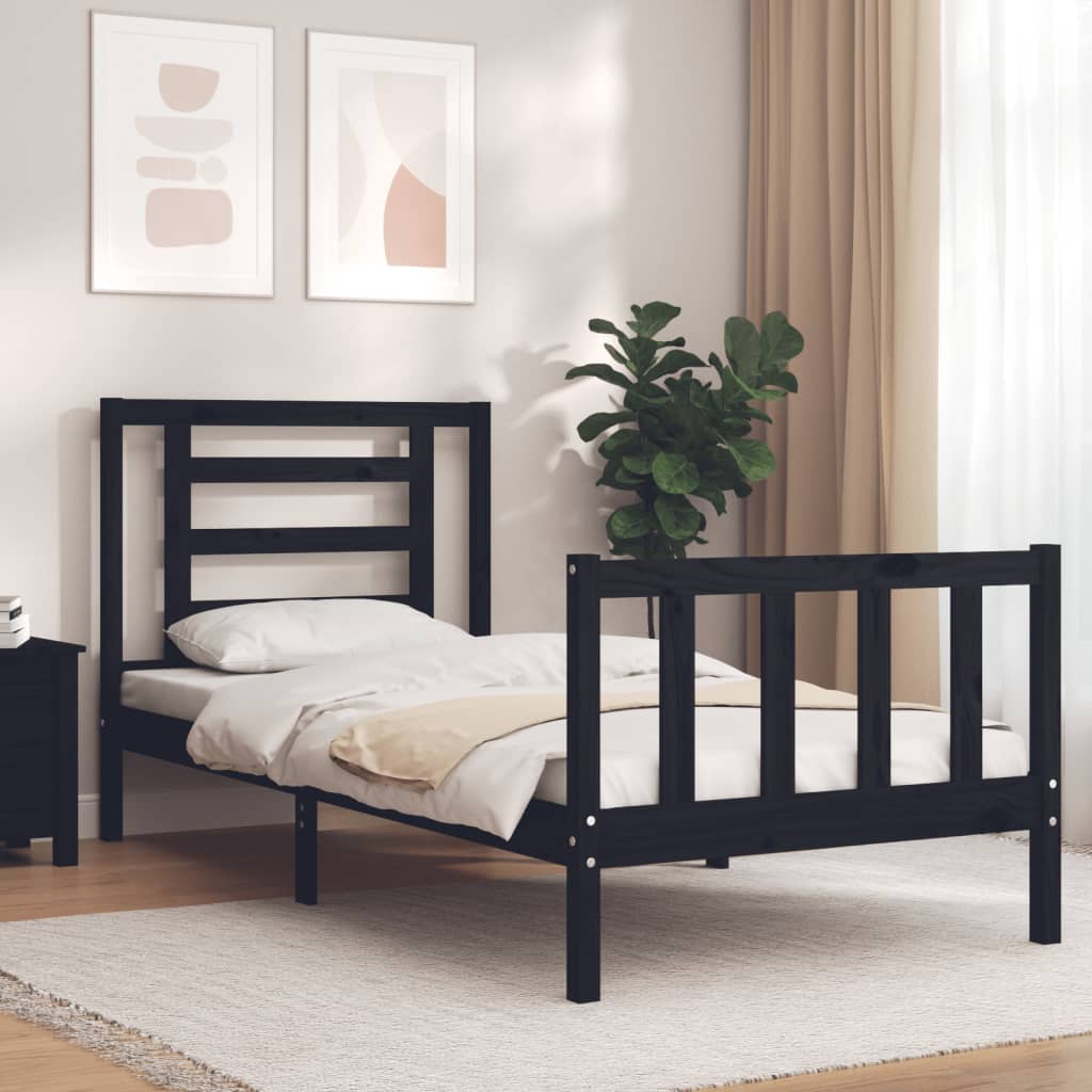 Bedframe met hoofdbord massief hout zwart – afbeelding 1