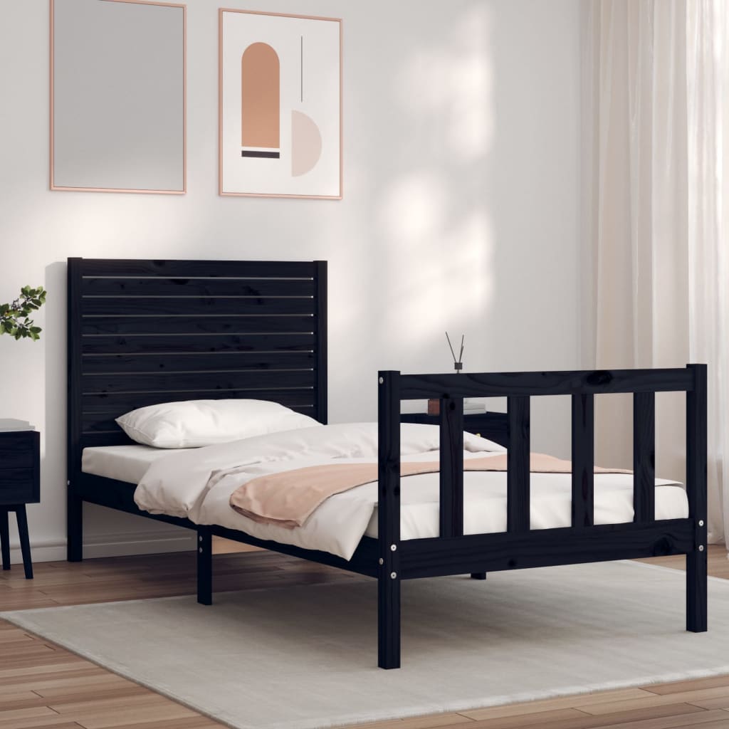 Bedframe met hoofdbord massief hout zwart – afbeelding 1