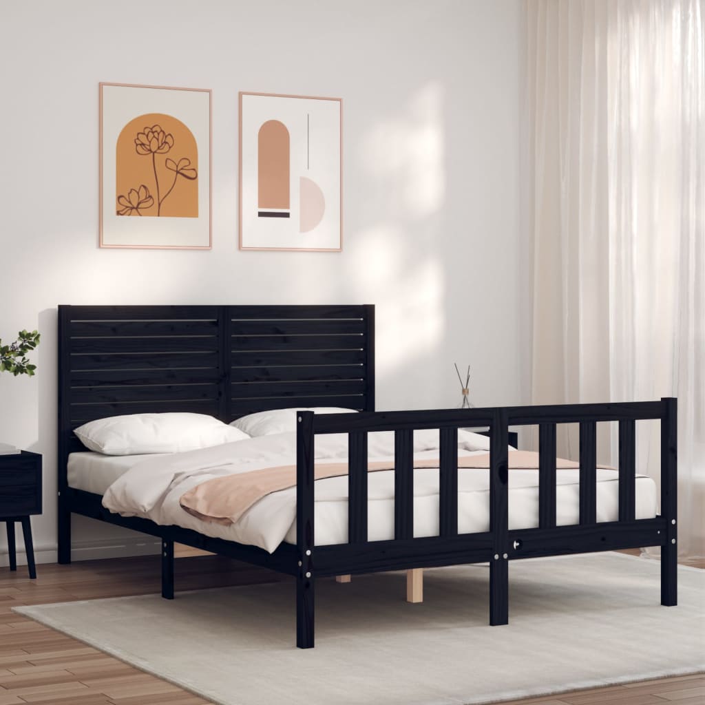 Bedframe met hoofdbord massief hout zwart – afbeelding 1