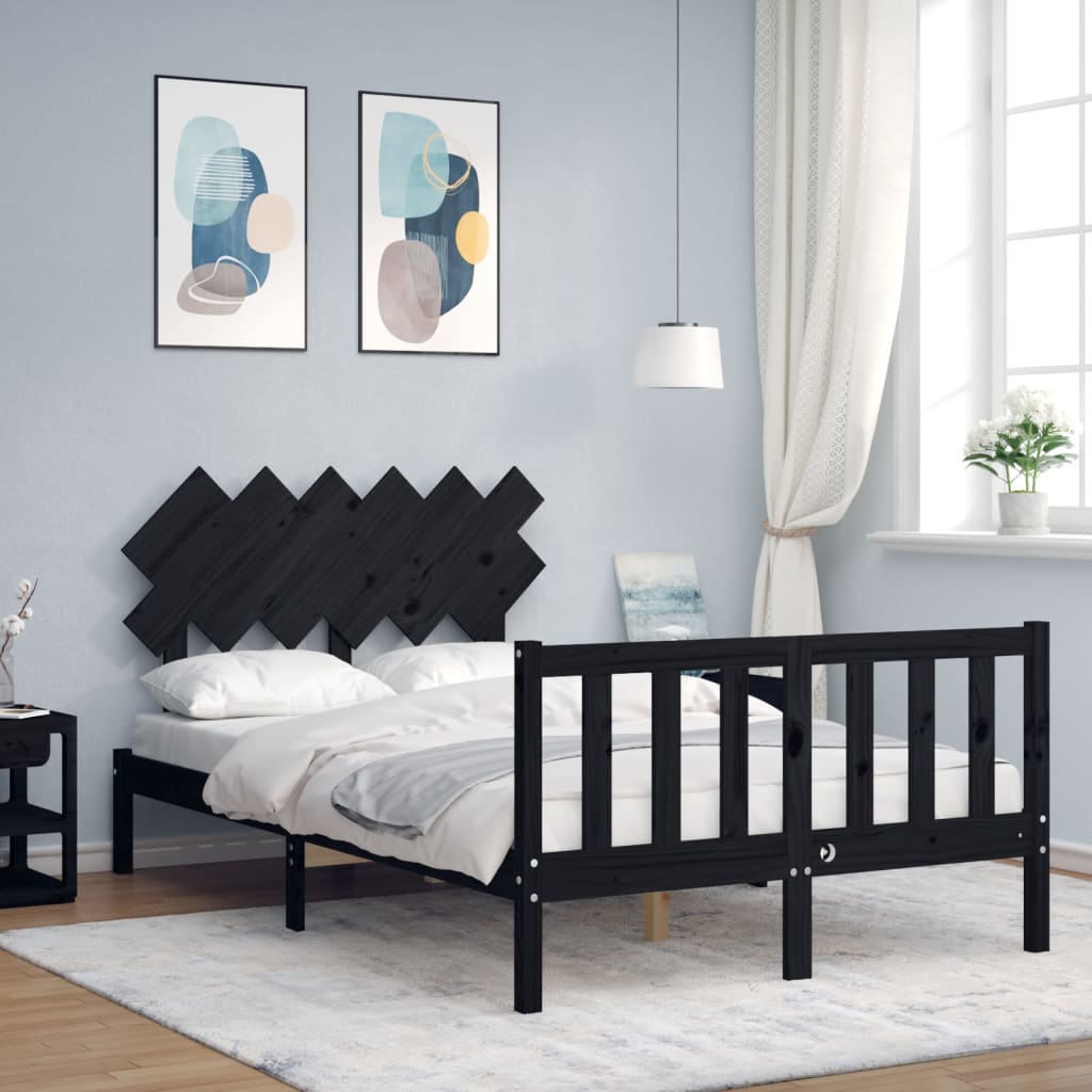 Bedframe met hoofdbord massief hout zwart – afbeelding 1