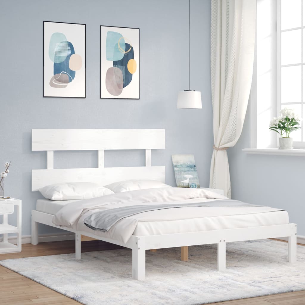Bedframe met hoofdbord massief hout wit – afbeelding 1