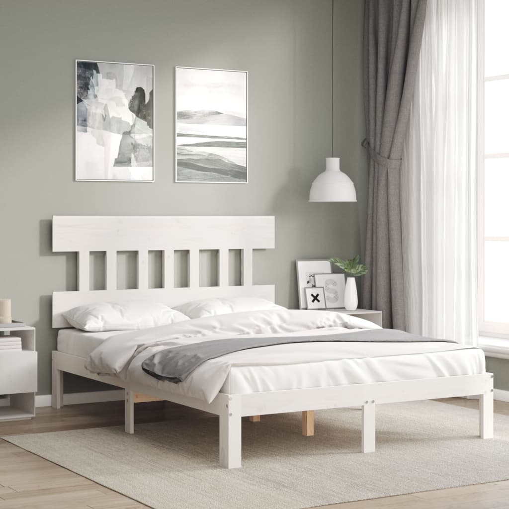 Bedframe met hoofdbord massief hout wit – afbeelding 1