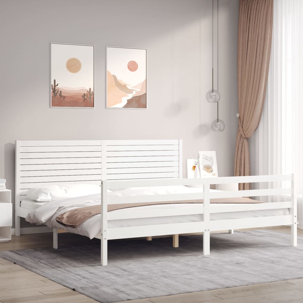 Bedframe met hoofdbord massief hout wit 200x200 cm – afbeelding 1