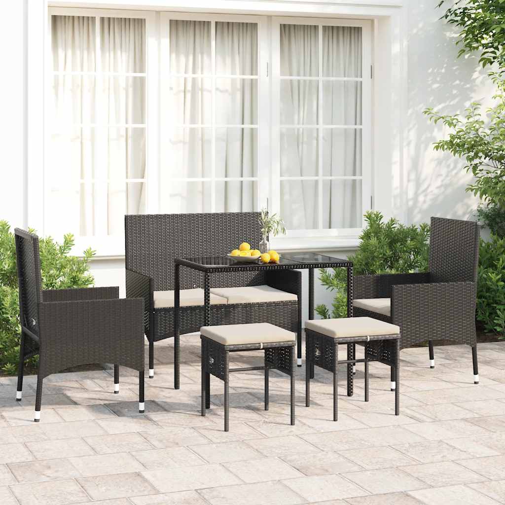 6-delige Loungeset met kussens poly rattan zwart – afbeelding 1