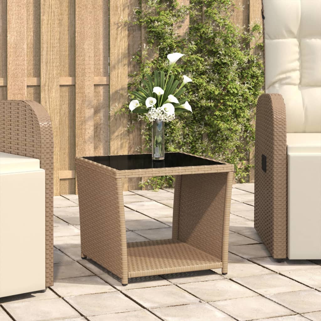 Salontafel met glazen blad poly rattan en gehard glas beige – afbeelding 1
