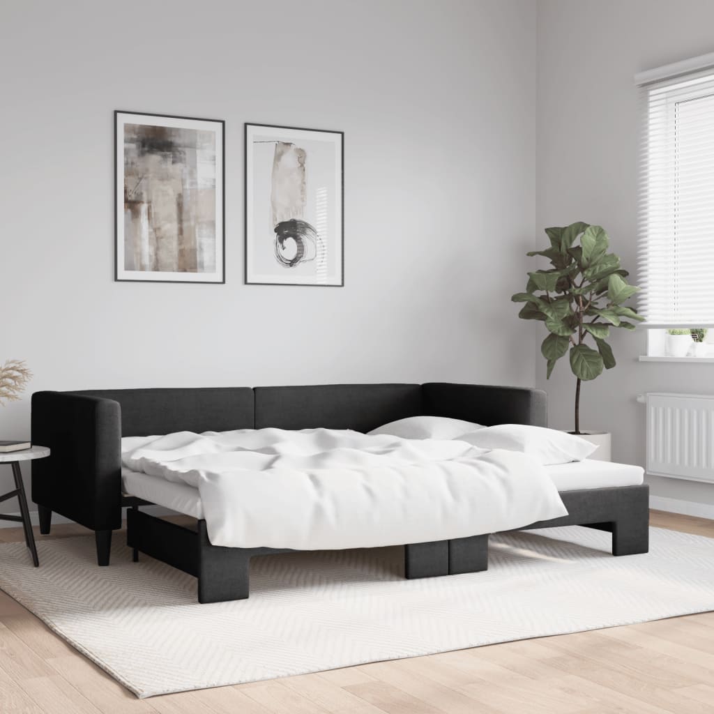 Slaapbank met onderschuifbed 90x200 cm stof zwart – afbeelding 1