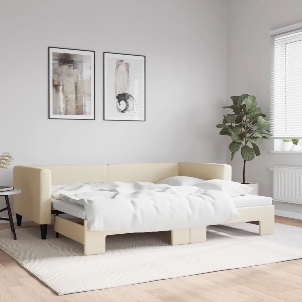 Slaapbank met onderschuifbed 90x200 cm stof crèmekleurig – afbeelding 1