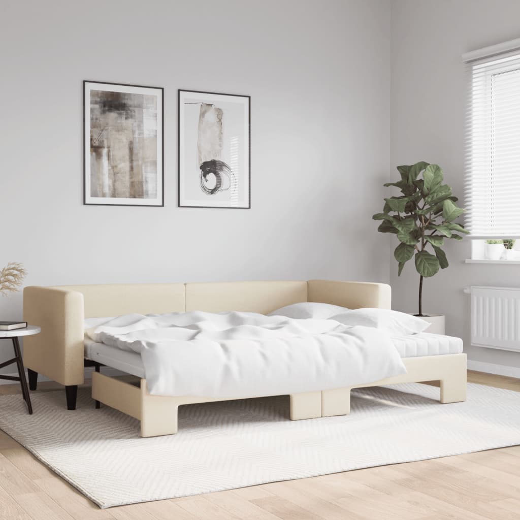 Slaapbank met onderschuifbed en matrassen 80x200 cm stof crème – afbeelding 1