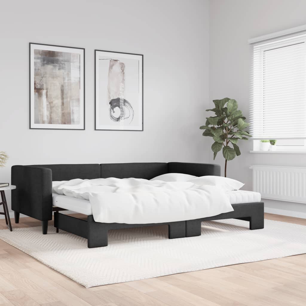 Slaapbank met onderschuifbed en matrassen 90x190 cm stof zwart – afbeelding 1
