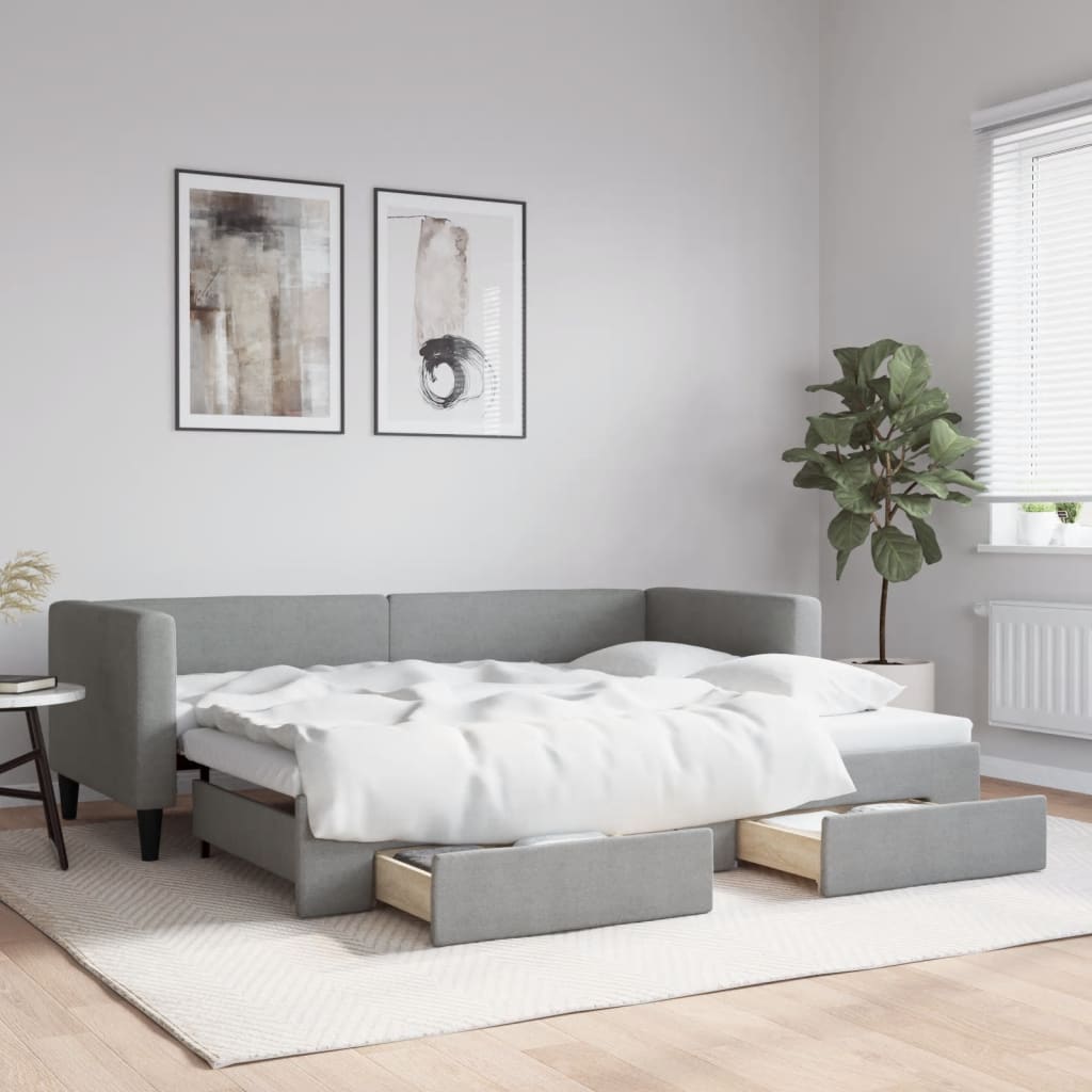 Slaapbank met onderschuifbed en lades 80x200 cm stof lichtgrijs – afbeelding 1