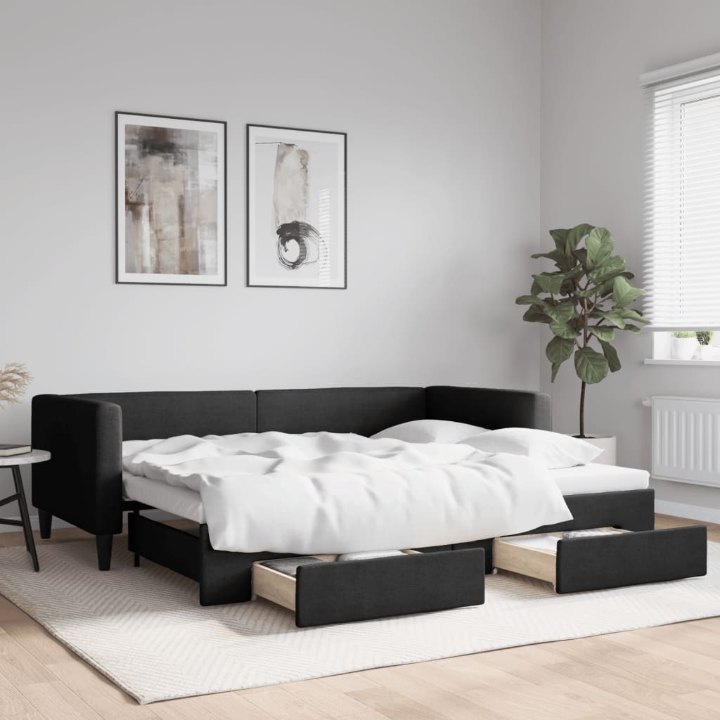 Slaapbank met onderschuifbed en lades 90x200 cm stof zwart – afbeelding 1