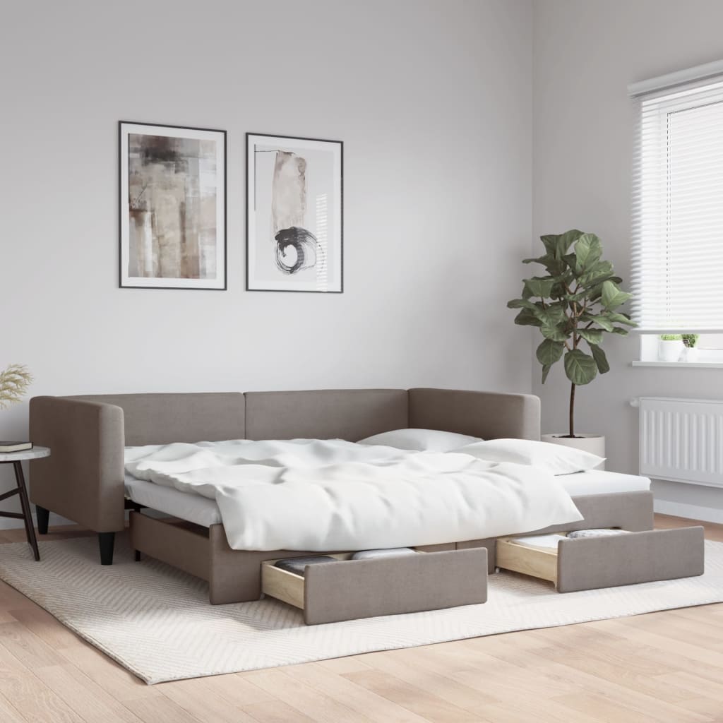 Slaapbank met onderschuifbed en lades 100x200 cm stof taupe – afbeelding 1
